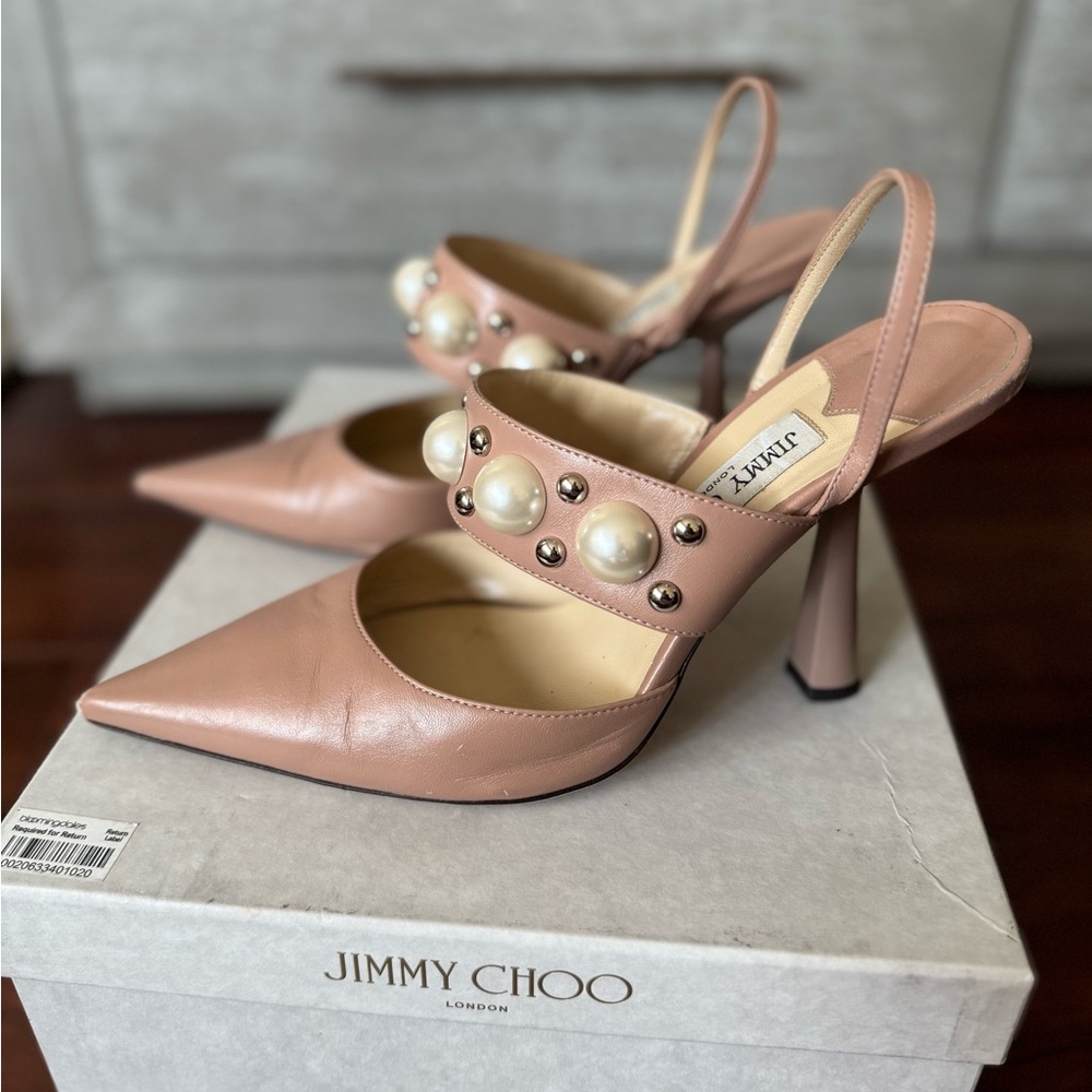 Jimmy Choo Blush Pearl Studded Sling back Heels - Picture 2 of 16